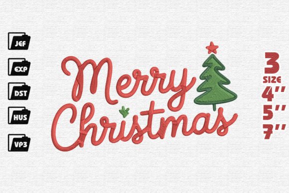 Cheerful Merry Christmas Script with Tree and Holly Embroidery Design