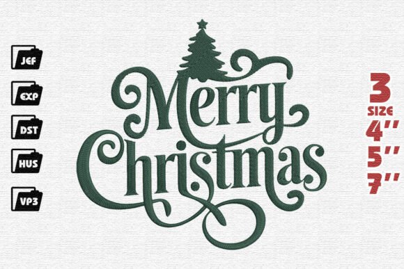 Elegant Forest Green Merry Christmas Flourish Embroidery Design