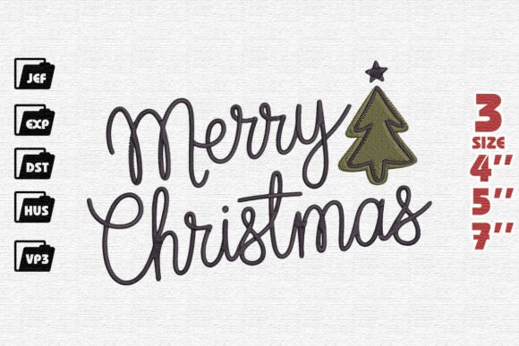 Elegant Merry Christmas Script with Tree Embroidery
