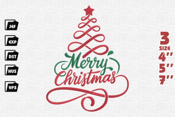 Elegant Merry Christmas with Swirling Ribbon Tree Embroidery