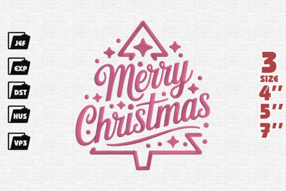 Festive Pink Merry Christmas Typography Tree Embroidery Design