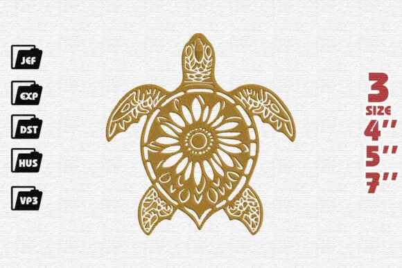 Golden Sunflower Sea Turtle Embroidery Design