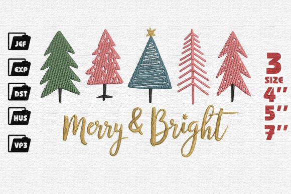 Merry Bright with Modern Christmas Trees Embroidery Design