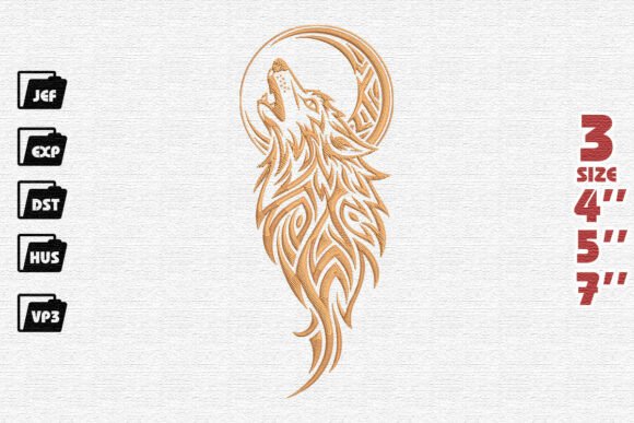 Ornate Golden Howling Wolf and Moon Embroidery Design