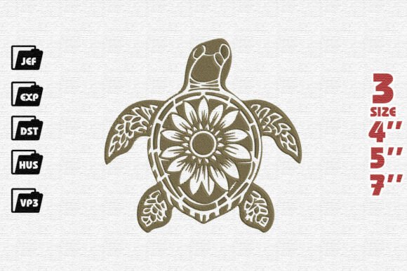 Ornate Sunflower Sea Turtle Embroidery Design in Olive