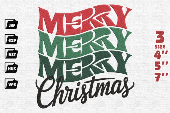 Retro Wavy Merry Merry Merry Christmas Embroidery