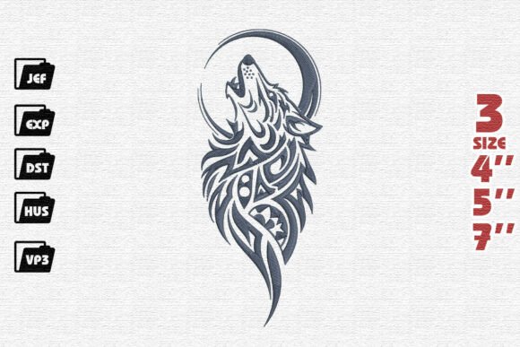 Tribal Howling Wolf and Moon Embroidery Design in Slate Blue